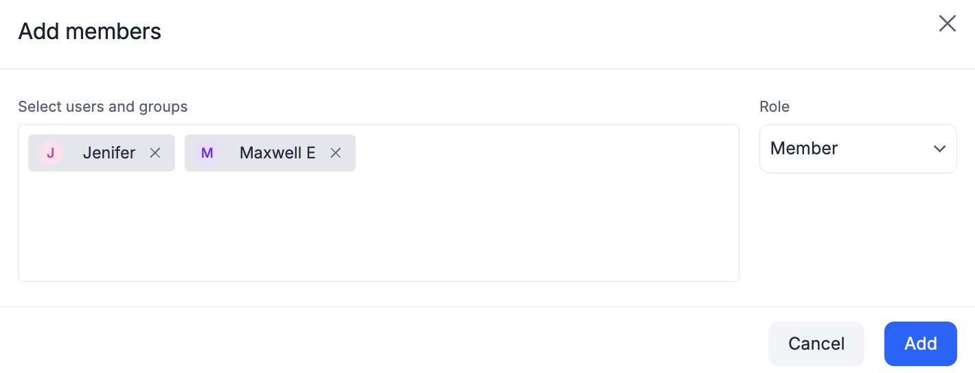 Adding users and groups in the Share settings screen