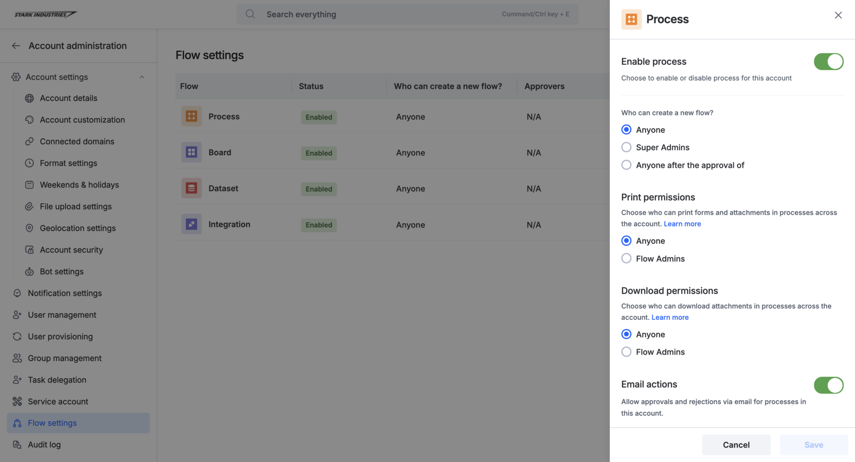 Flow settings page showing the print and download toggle for a flow type