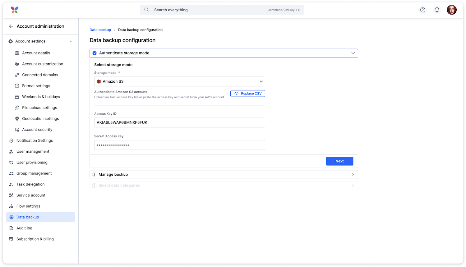 Storage mode authentication step with Amazon S3 selected and AWS credential fields