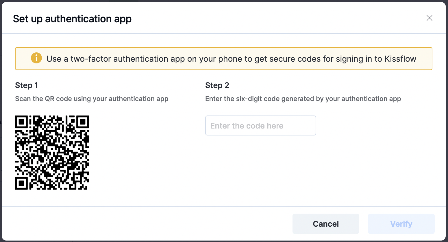 Cuadro de diálogo de configuración de la aplicación de autenticación con un código QR y un campo para el código de seis dígitos