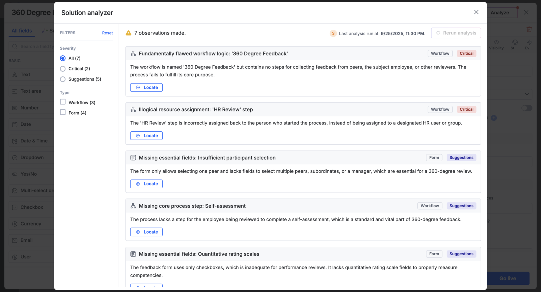 Solution analyzer showing a list of observations
