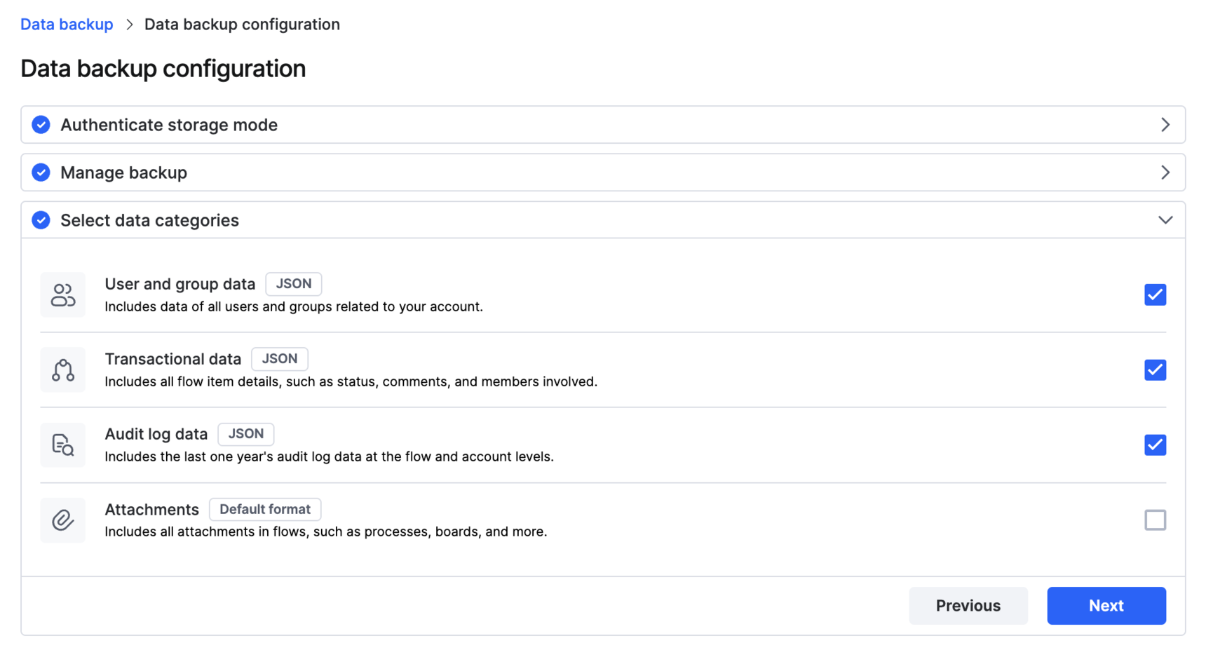 Data category selection with checkboxes for user and group data, transactional data, audit logs, and attachments