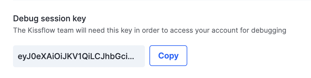 Debug session key section with the Show and Copy controls