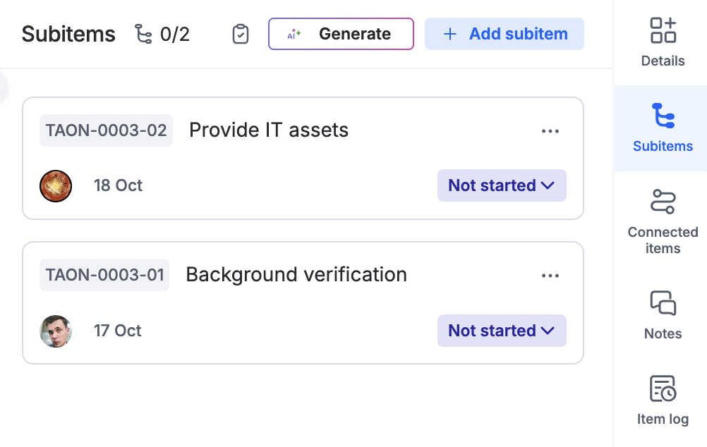 Subitems tab of an item showing the AI option to generate subitems