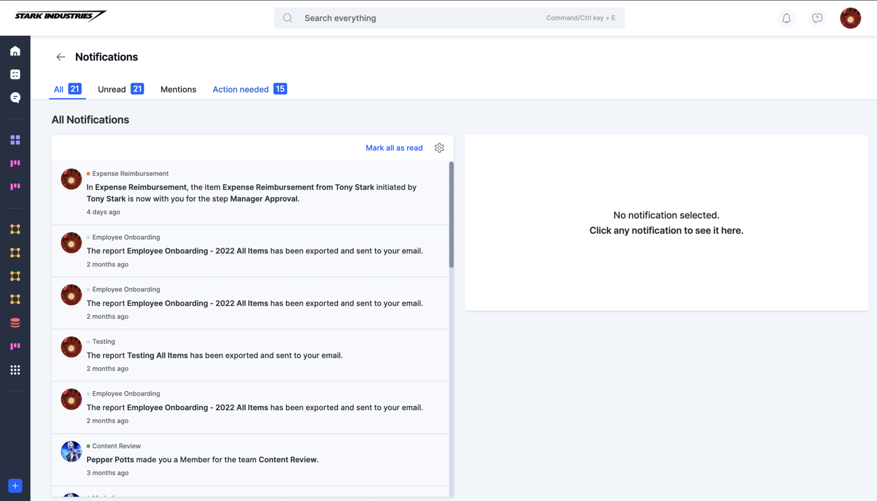 Full-screen notifications page with tabs for All, Unread, and Mentions