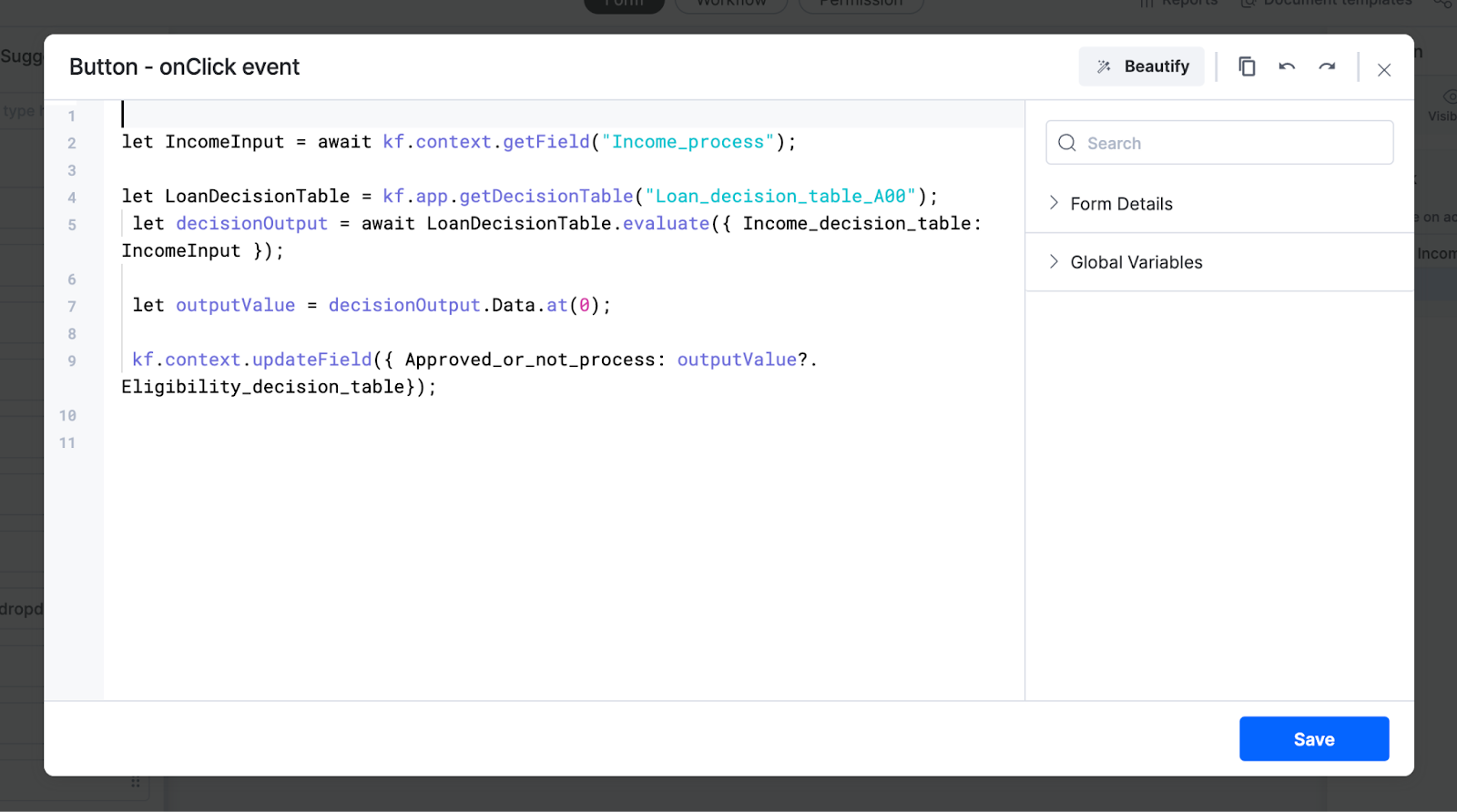 Button onClick event code editor showing the complete script: getField, getDecisionTable, evaluate, and updateField calls