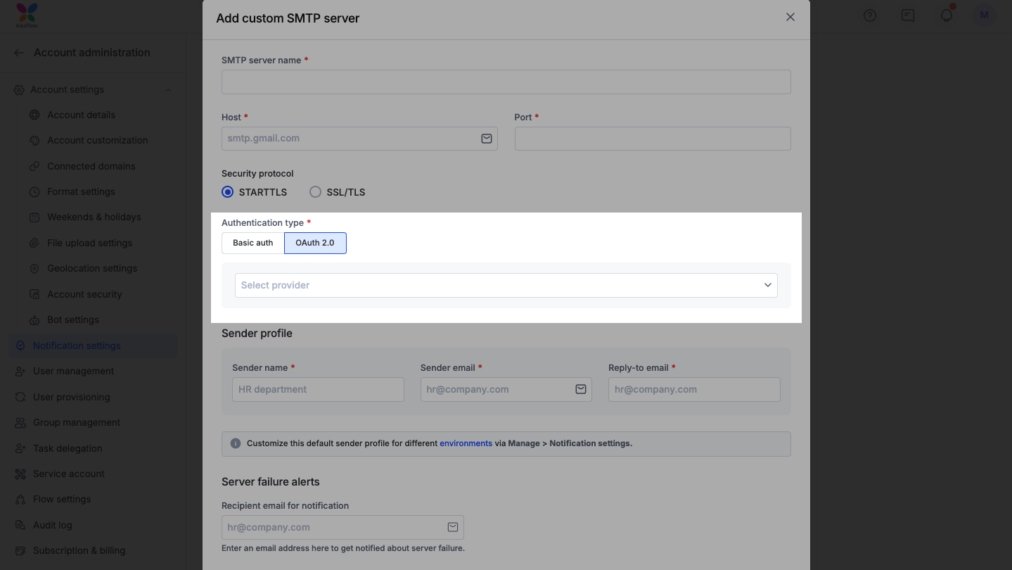 OAuth 2.0 provider dropdown with Google and Microsoft options