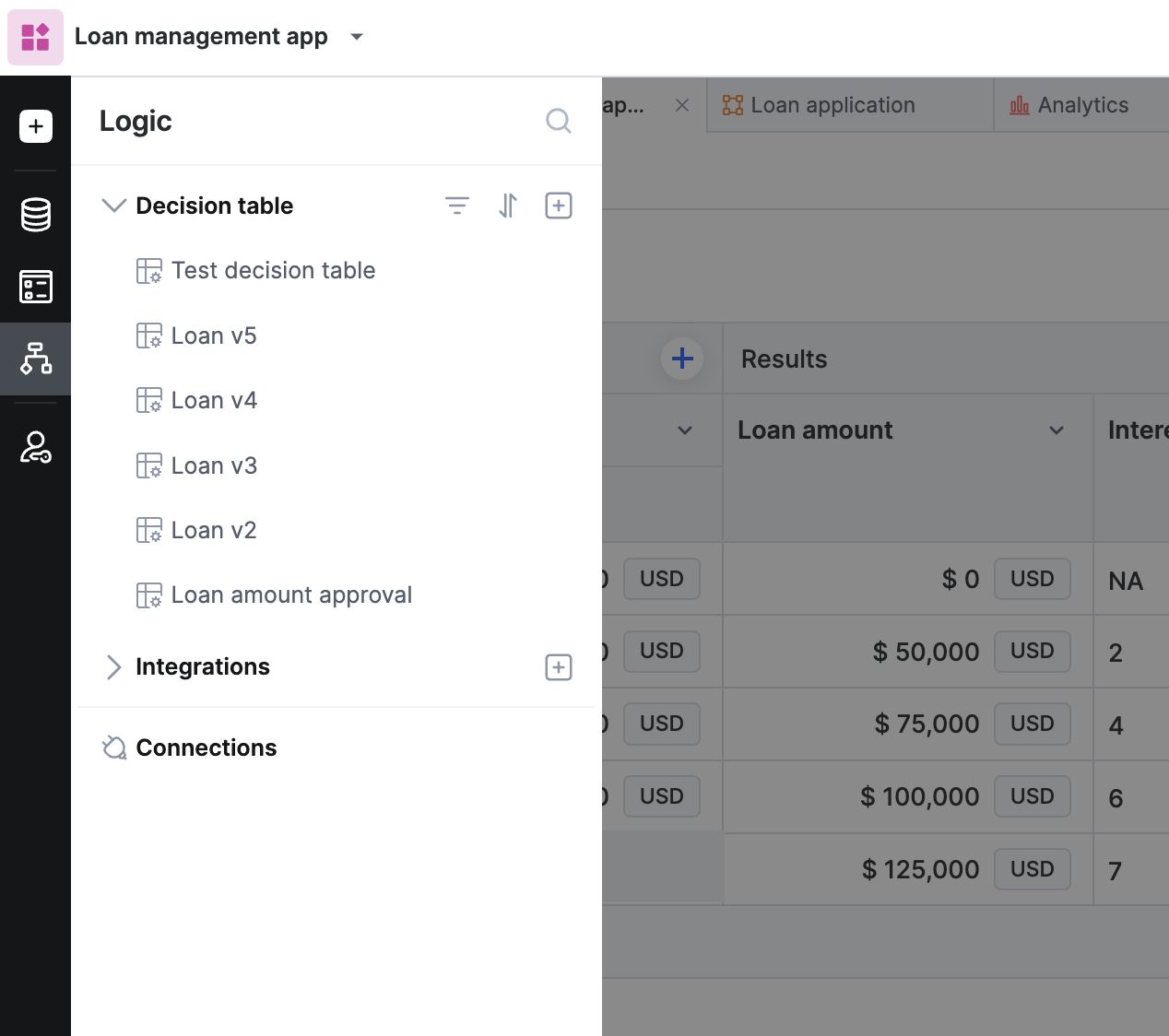 Logic tab in the app builder's left panel listing the app's decision tables