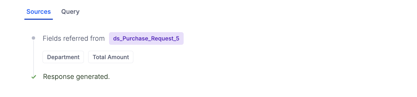Panel Show details con las pestañas Sources y Query para una respuesta de Ask