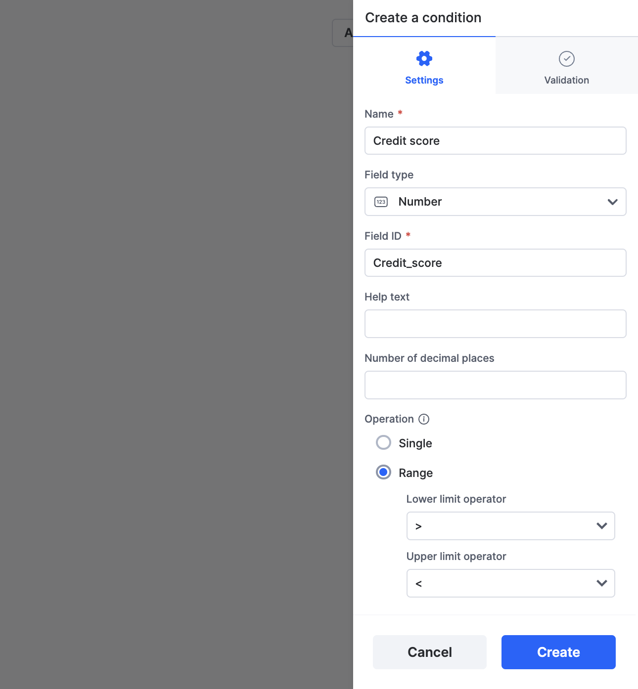 Create a result panel with Settings and Validation tabs, showing fields for name, field type, field ID, and help text
