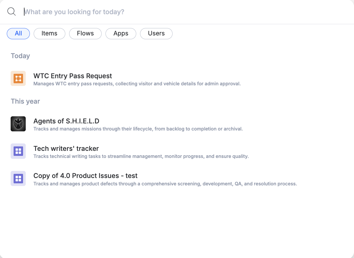 Search bar showing a list of recently accessed workflows before any search term is entered