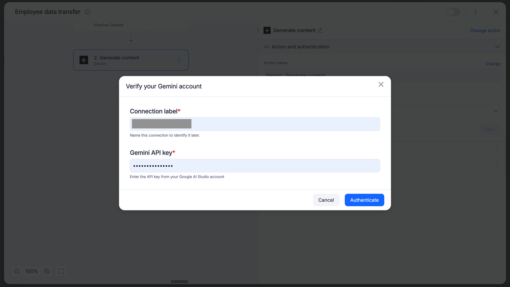 Authenticating the Gemini connector with a Google Gemini API key