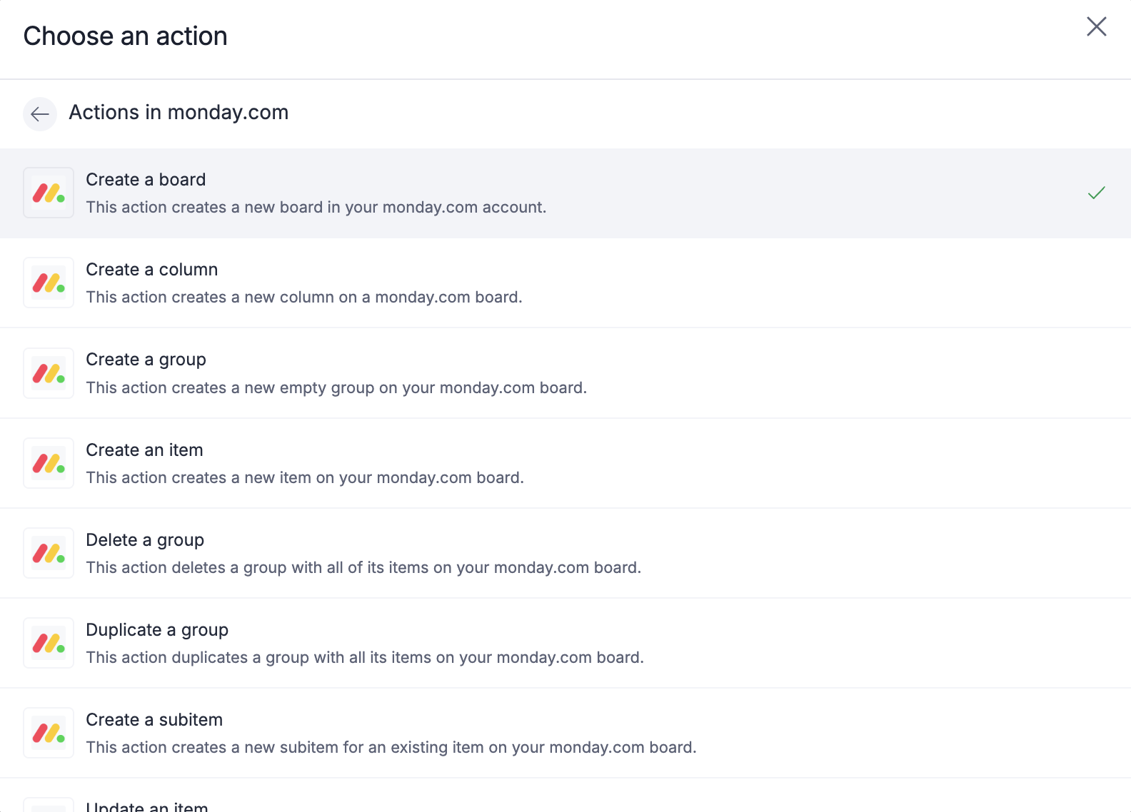 The Choose an action panel listing the monday.com actions, with Create a board selected