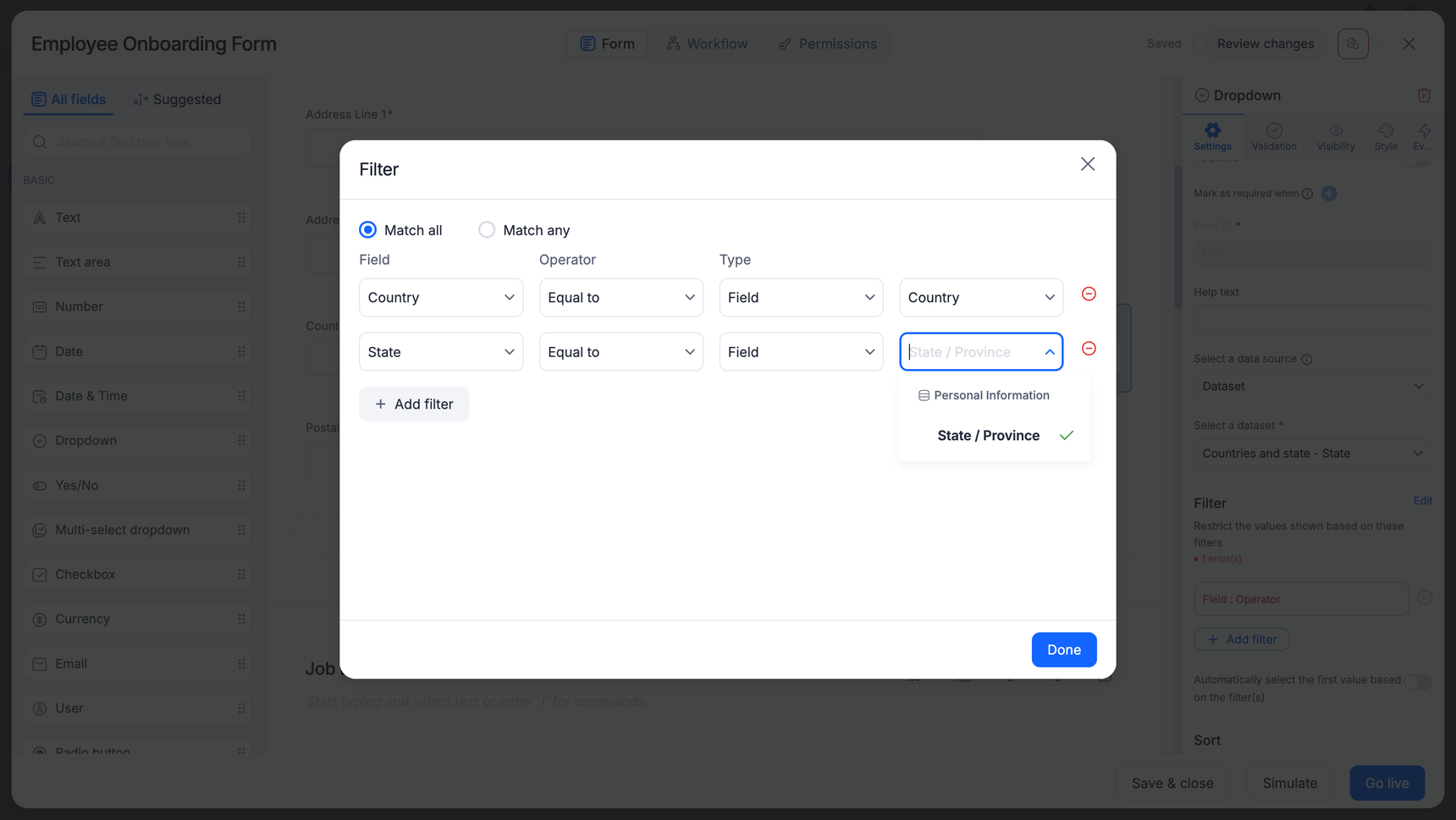 City dropdown filtered on the Country and State fields