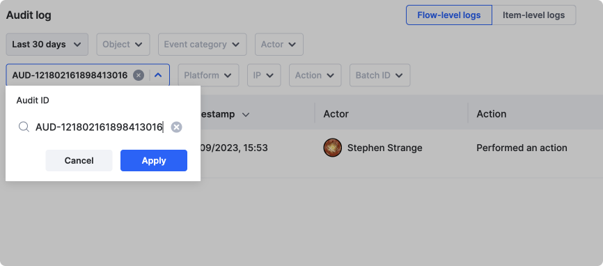 Search area that opens for the Audit ID, Batch ID, and IP filters