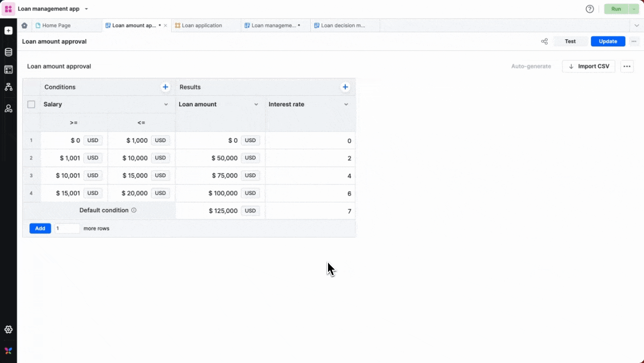 Animation of opening the Evaluation settings dialog from the More options menu in the top-right corner of a decision table
