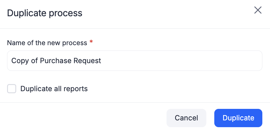Duplicate process dialog with a name field and a checkbox to duplicate reports