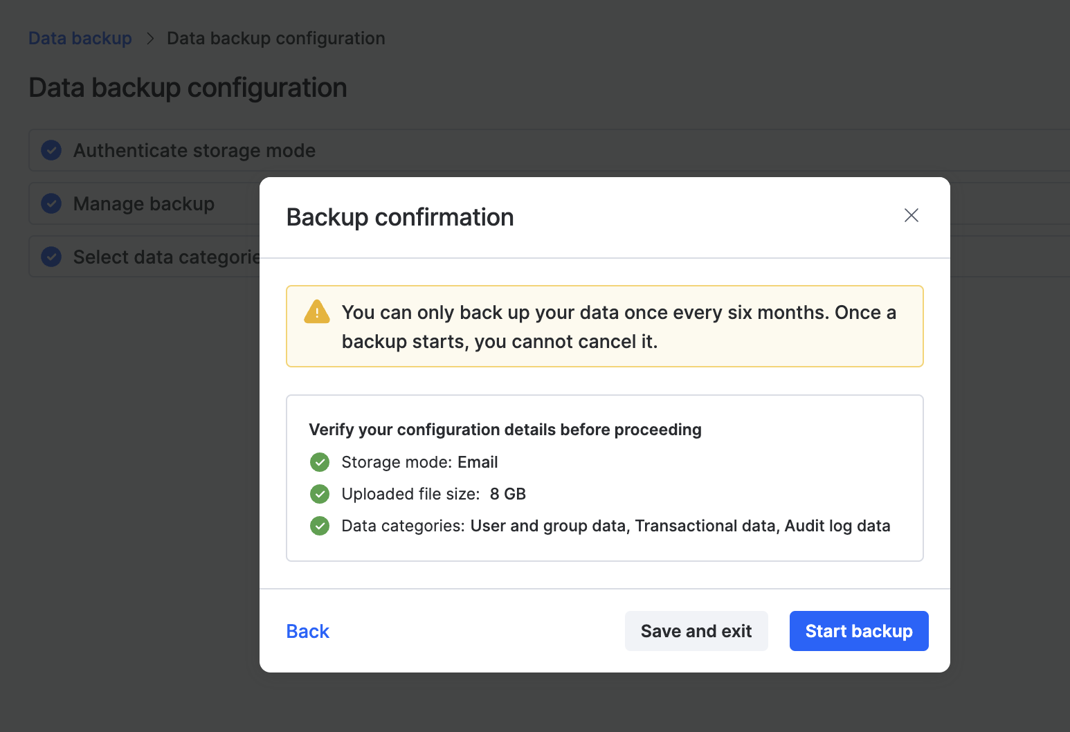 Backup confirmation popup showing configuration details and the Start backup button