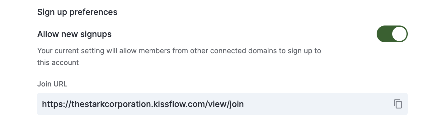 Página de preferencias de registro con el interruptor Permitir nuevos registros y una URL para compartir