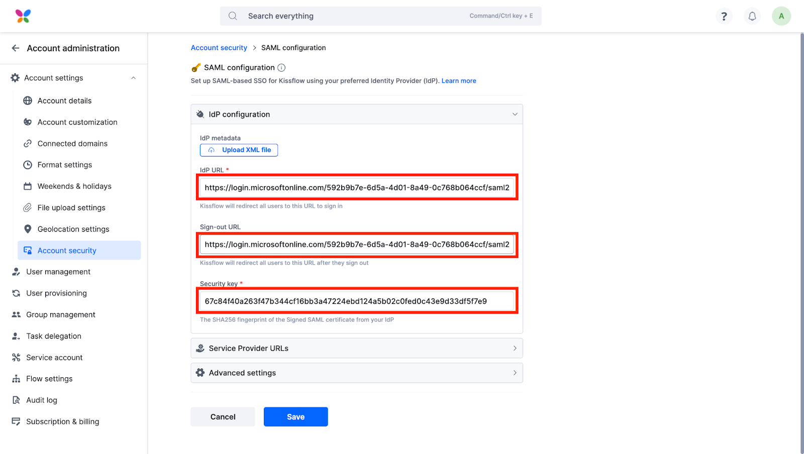 IdP configuration panel with the Upload XML file option