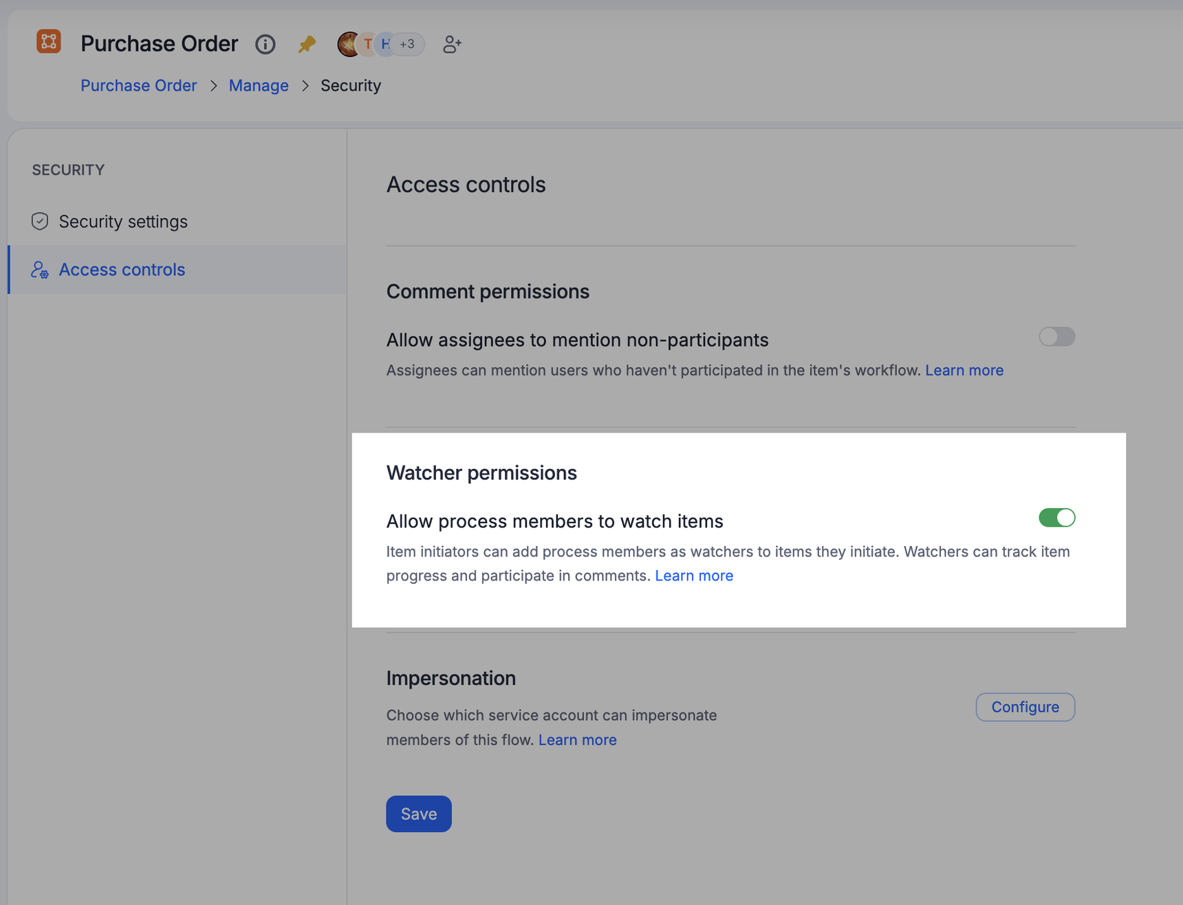 Watcher permissions toggle in the Security page