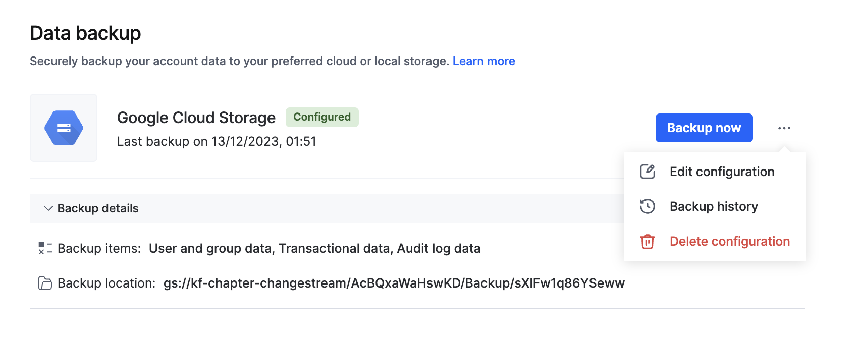 Data backup page with the Start configuration button
