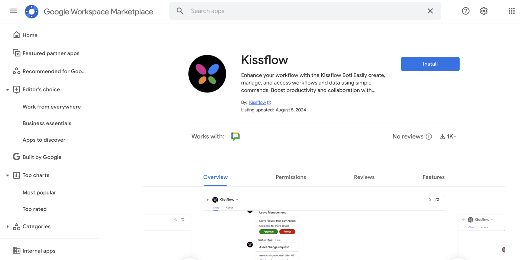 Kissflow app listing in the Google Workspace Marketplace