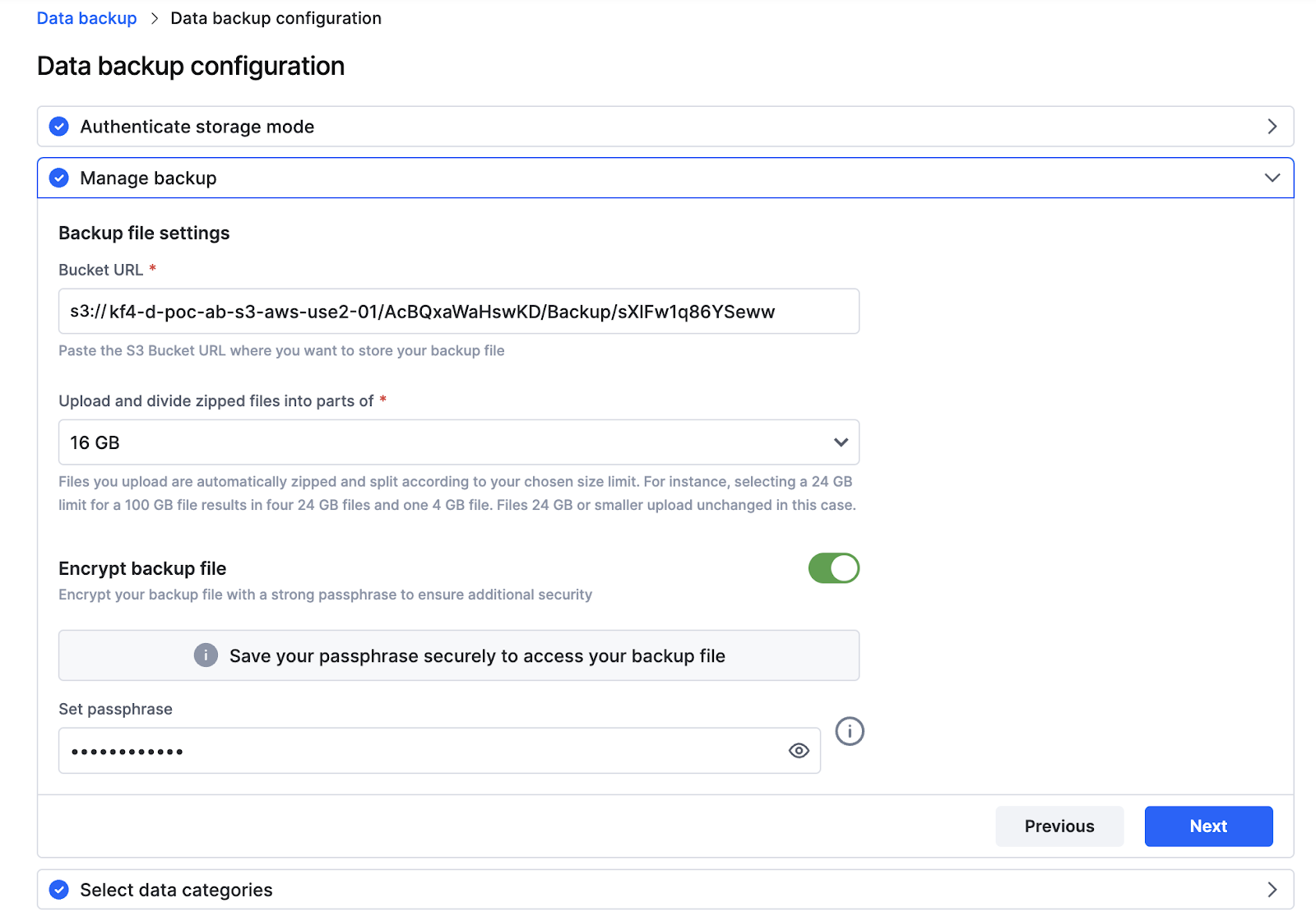 Backup preferences step showing file location, ZIP size, and encryption options