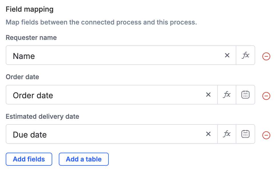 Field mapping panel for a connected process step