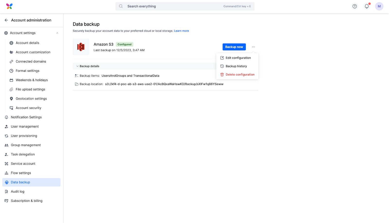 Data backup page with the More options menu open, showing Edit configuration, Backup history, and Delete configuration