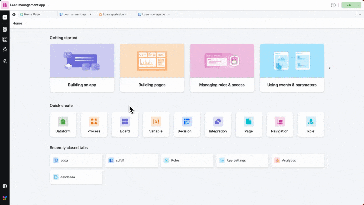 Animation of creating a decision table: clicking the Create button in the app builder's left panel, entering a name and description, and clicking Create