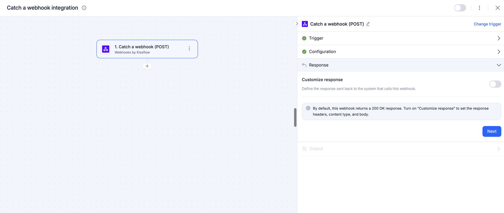 The Response section of a webhook trigger, showing the Customize response toggle turned off
