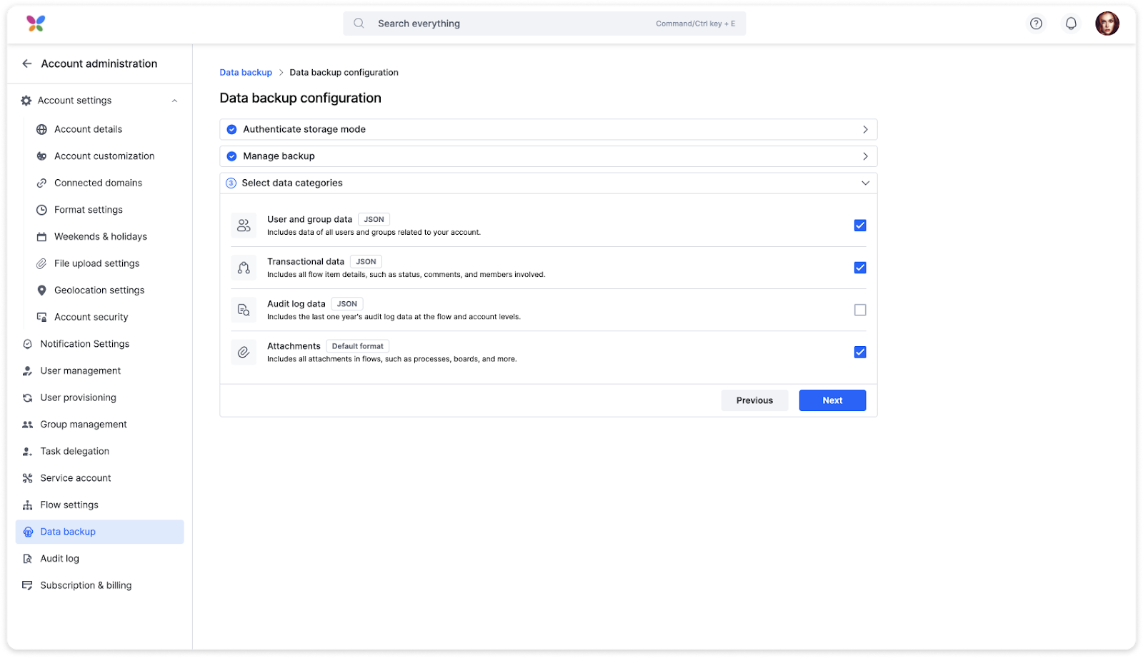 Data category selection step with checkboxes for user and group data, transactional data, audit logs, and attachments
