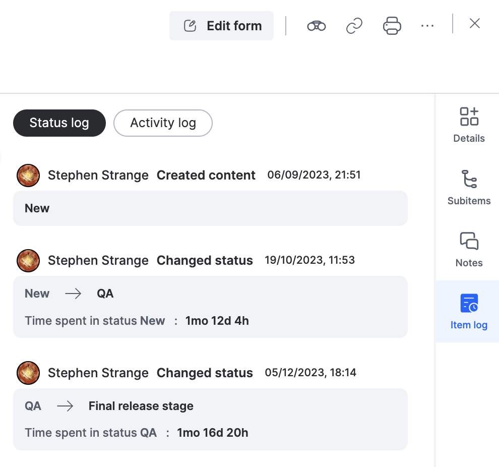 Status log of an item showing the history of status changes with timestamps