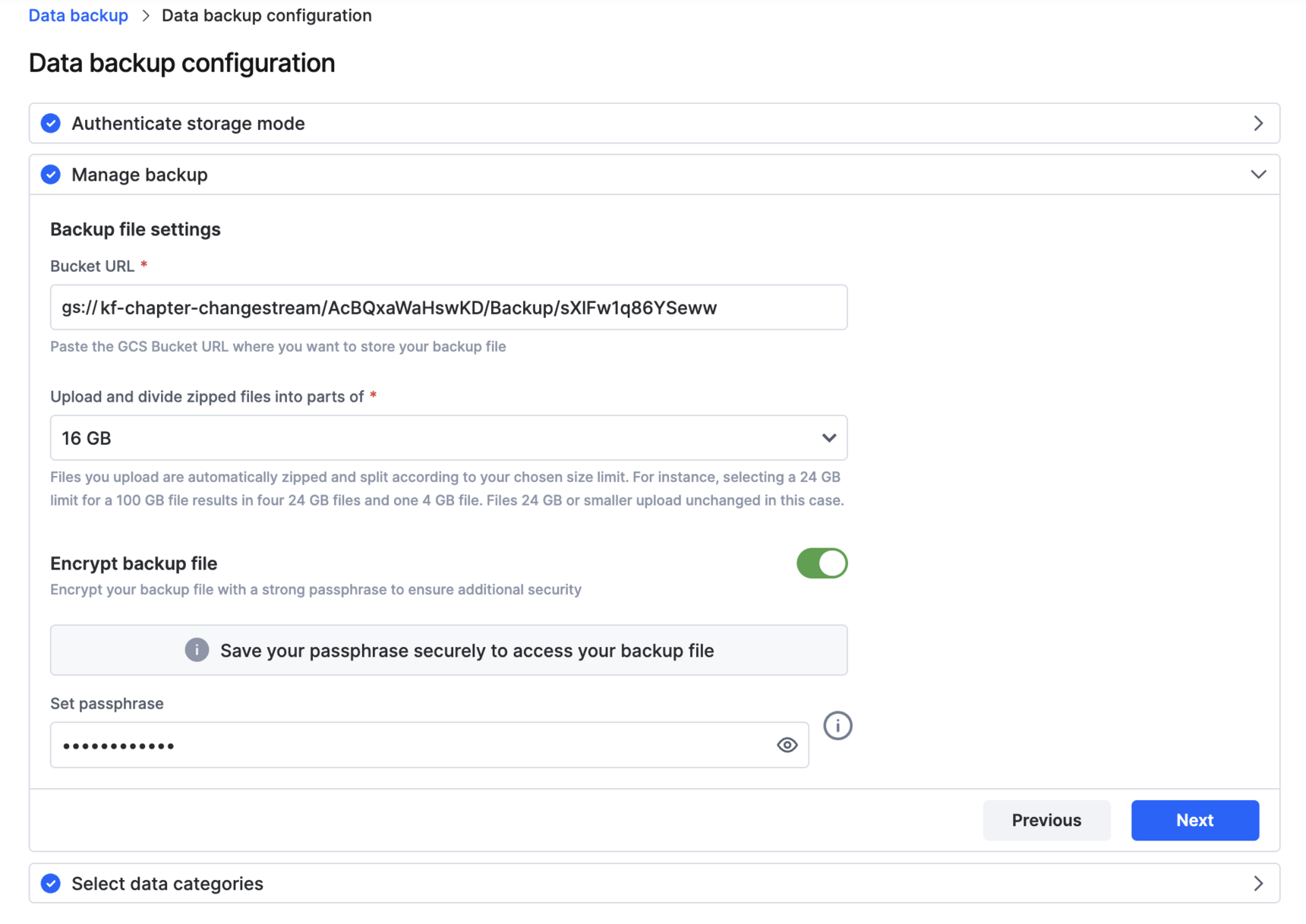 Backup preferences with bucket URI, ZIP file size, and encryption options