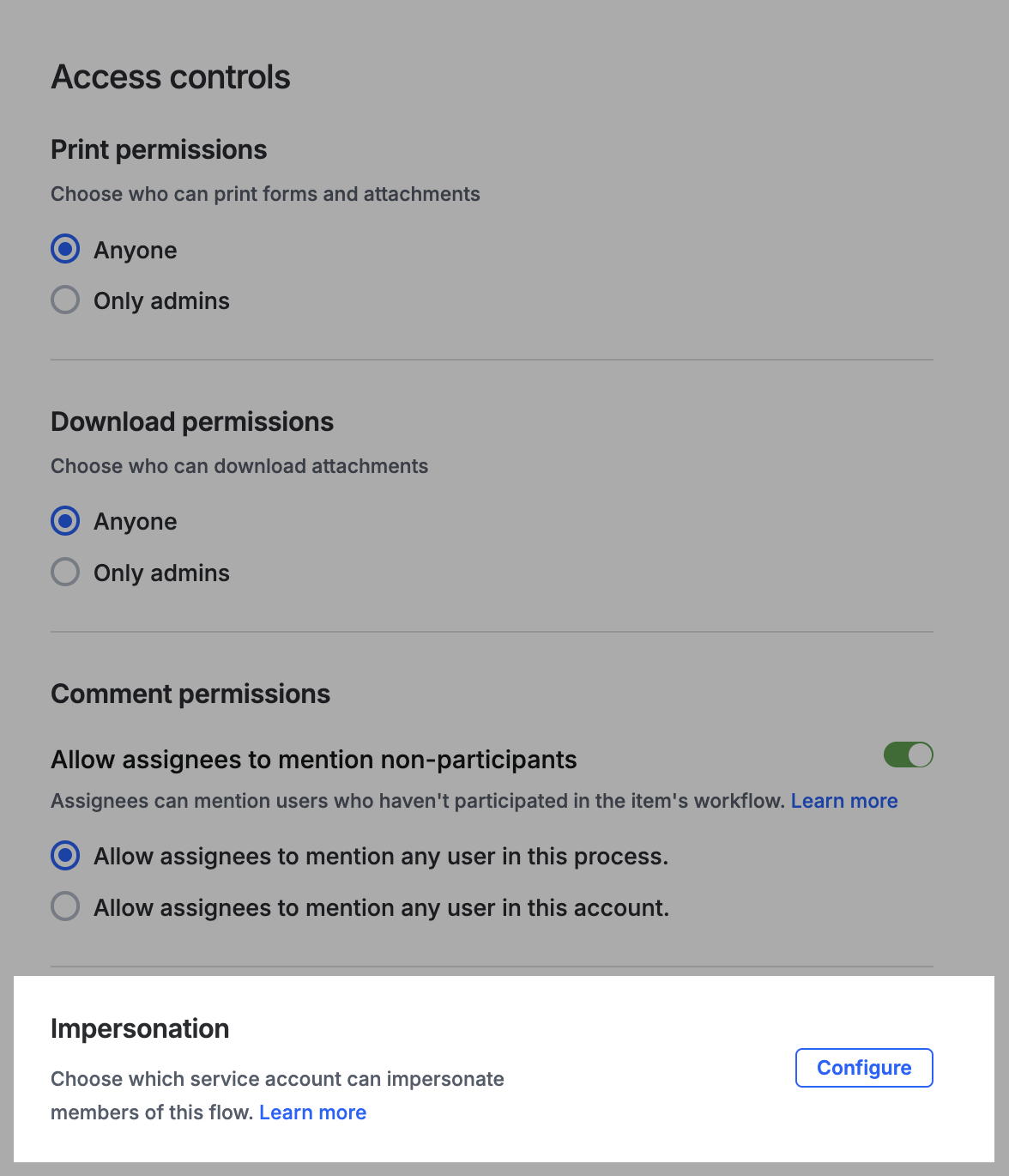 Impersonation option on the flow's Access controls settings
