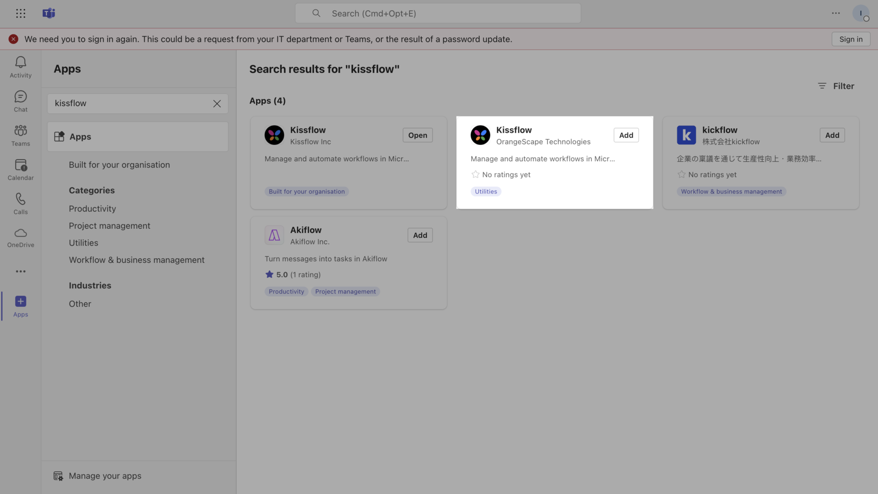 Kissflow app in the Microsoft Teams Apps list