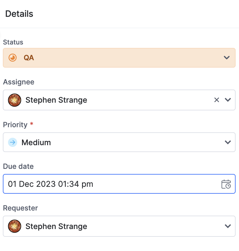 Item details showing the Priority dropdown with Critical, High, Medium, and Low options