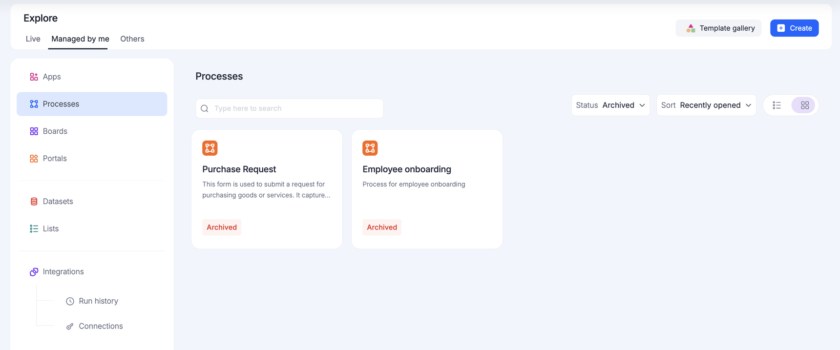 Explore panel filtered to archived processes