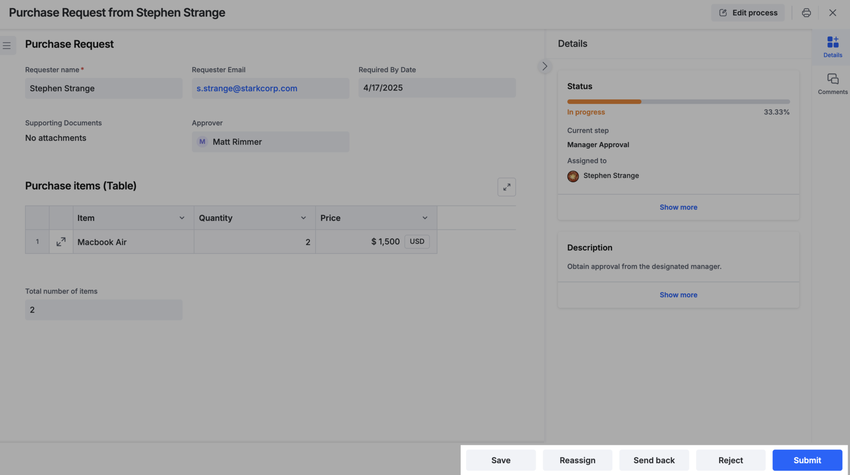 Action buttons at the bottom of an assigned item's form