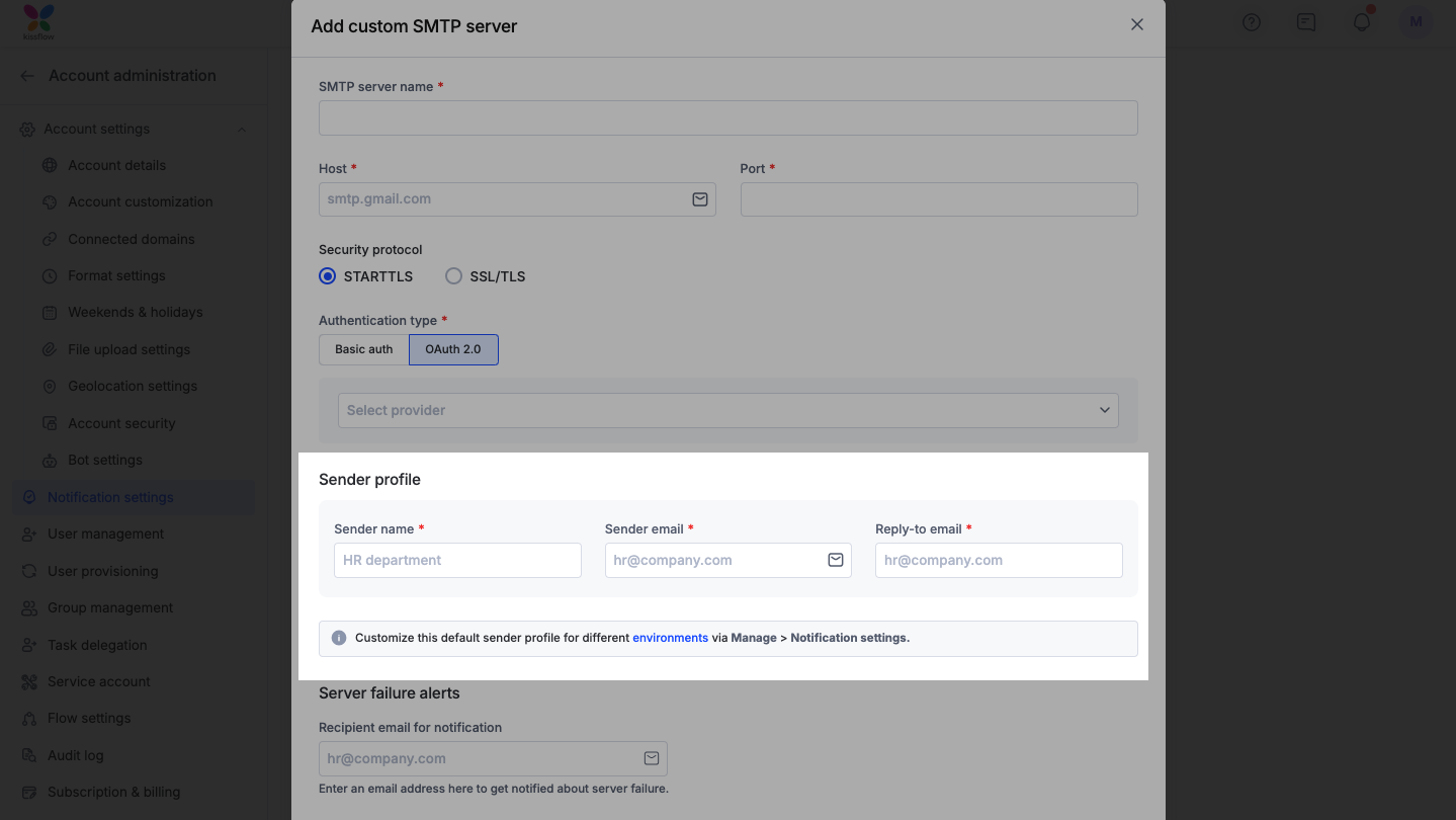 Sender profile fields with the environments banner