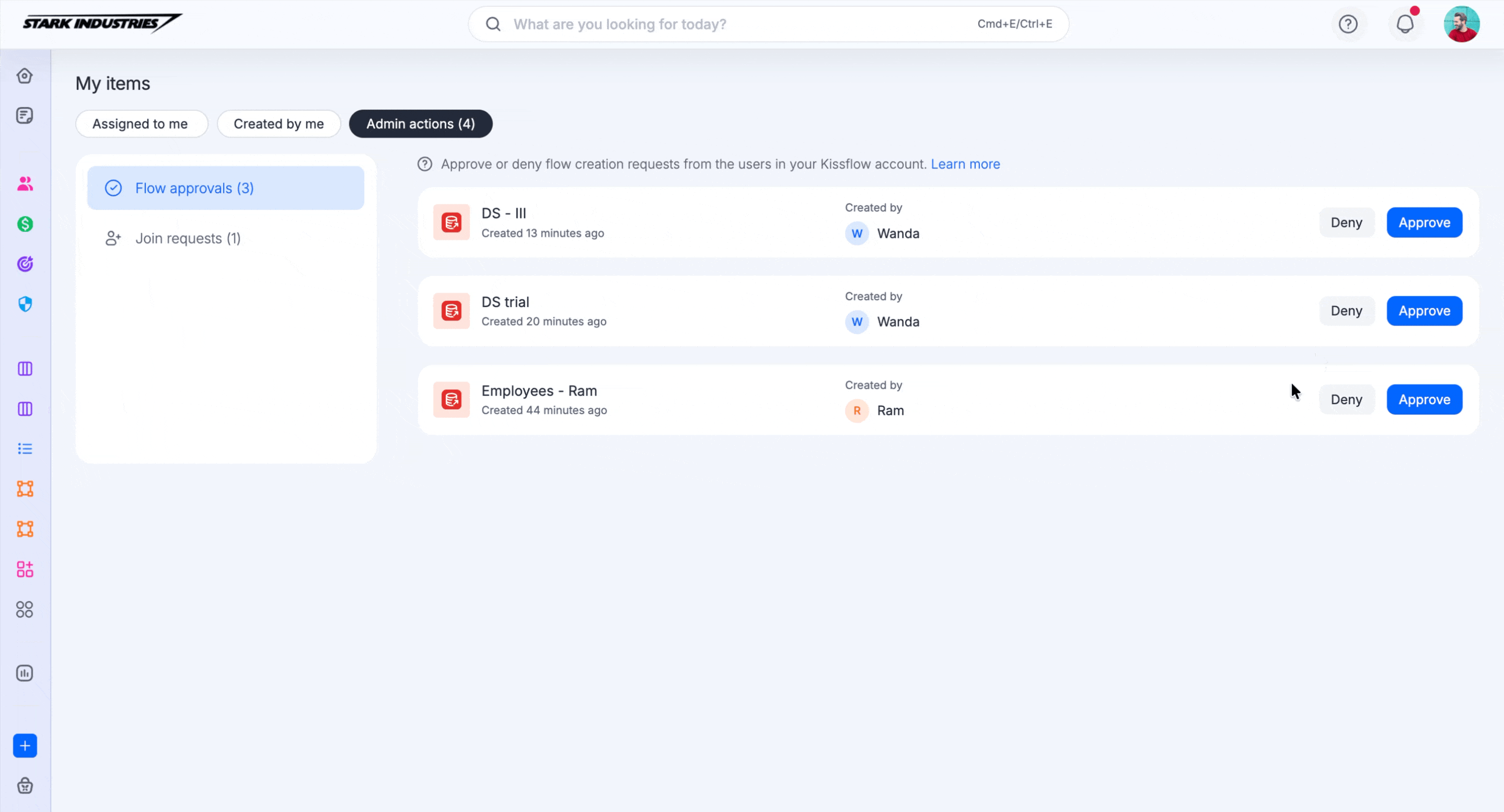 Flow approvals tab showing a pending flow creation request