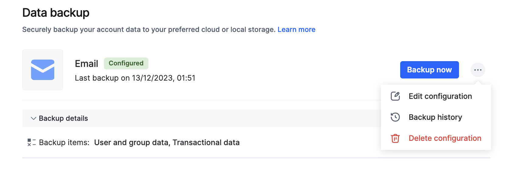 Data backup home page with options to edit configuration, delete it, or view backup history