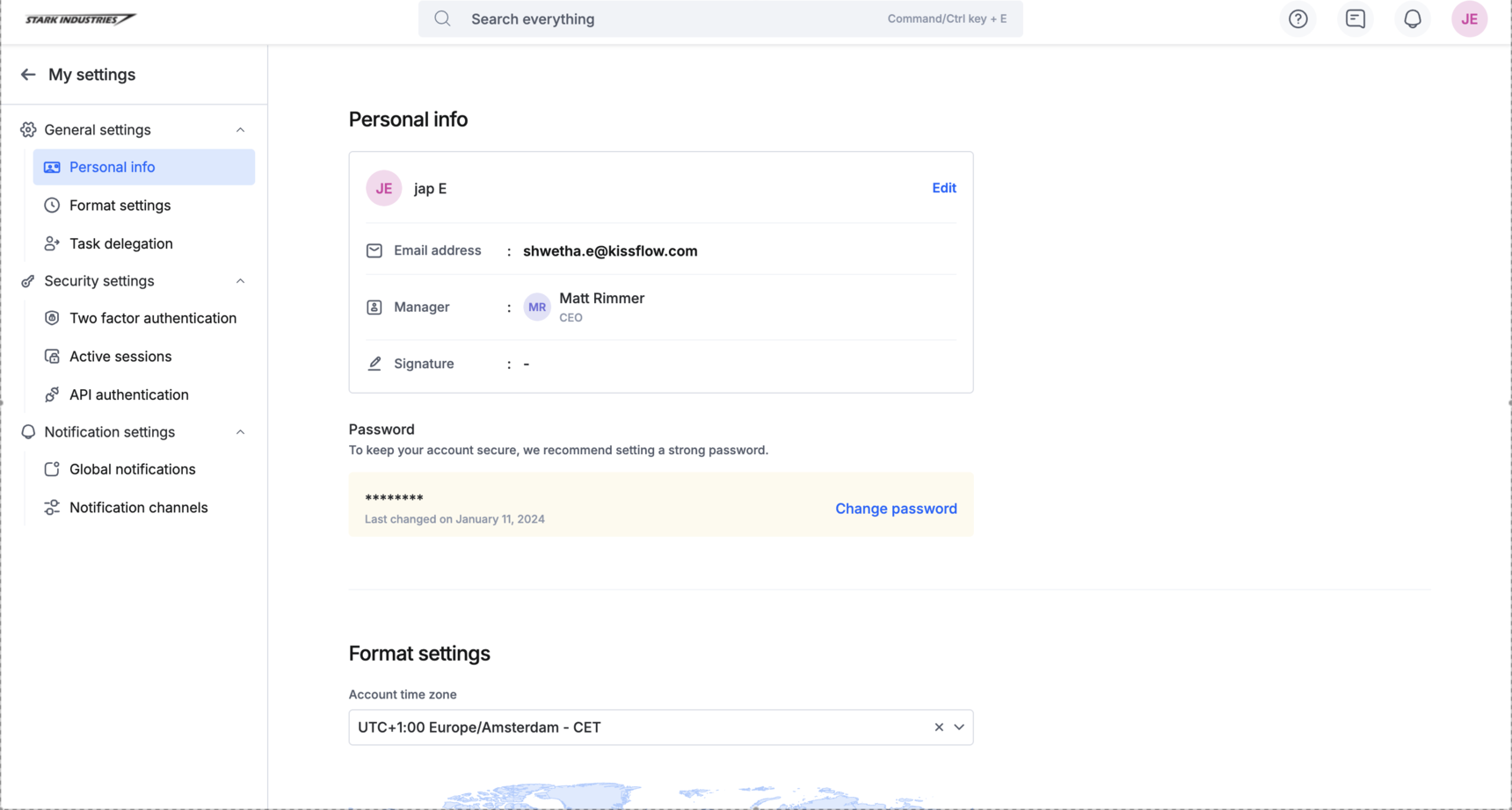 My settings page showing the General, Security, and Notification settings categories