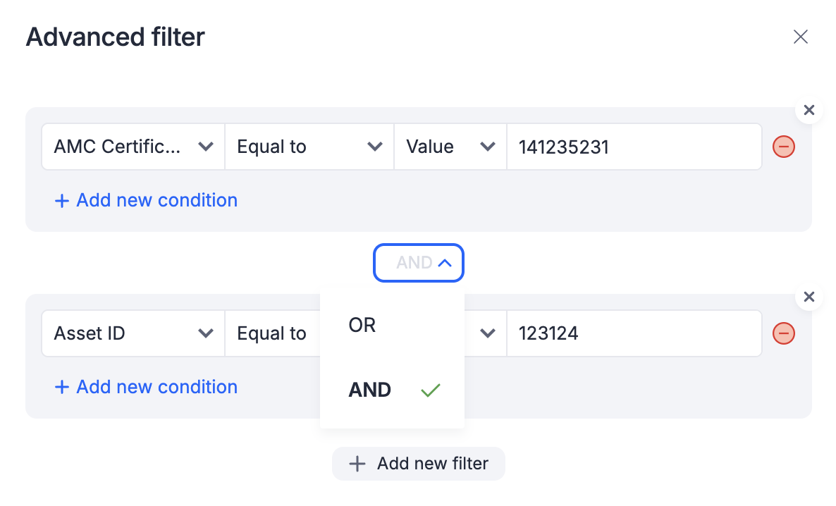 The Advanced filter dialog with two condition groups, and the connector between them open on AND and OR