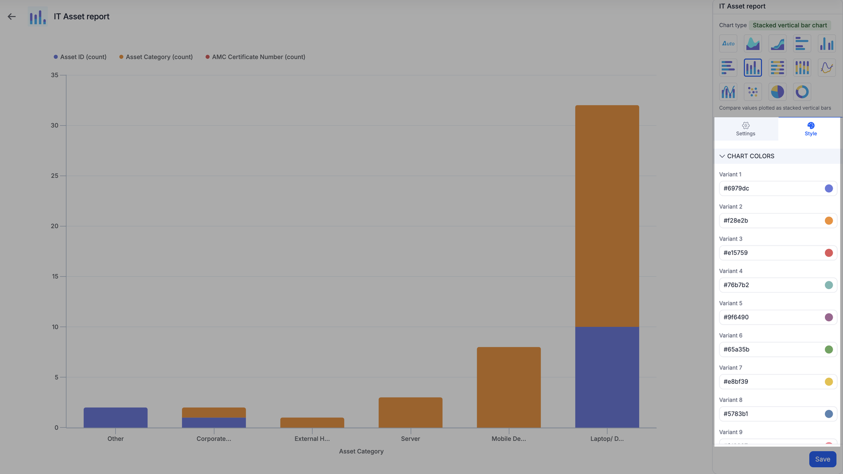 A chart report with the Style tab open, listing the chart color variants and their hex values