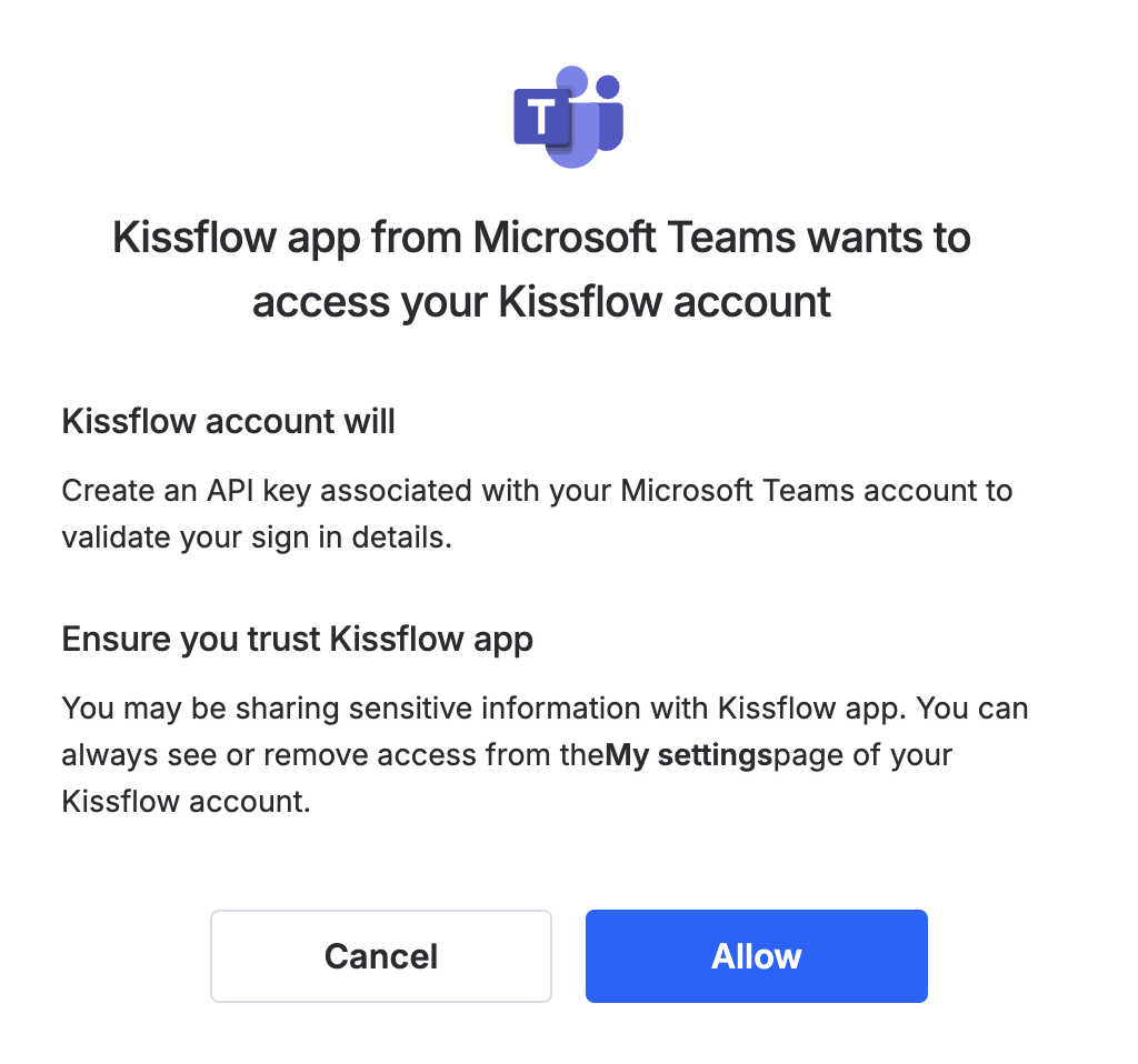 Permissions popup for signing in to Kissflow from Microsoft Teams
