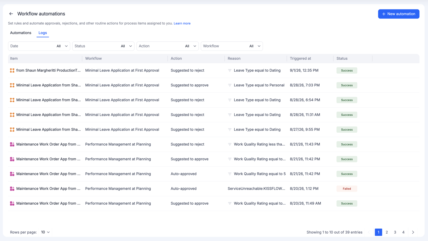 The Logs tab showing each automation run with its item, workflow, step, action, matched conditions, and status