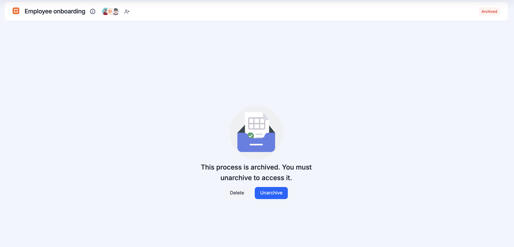 Archived process list with the Unarchive action
