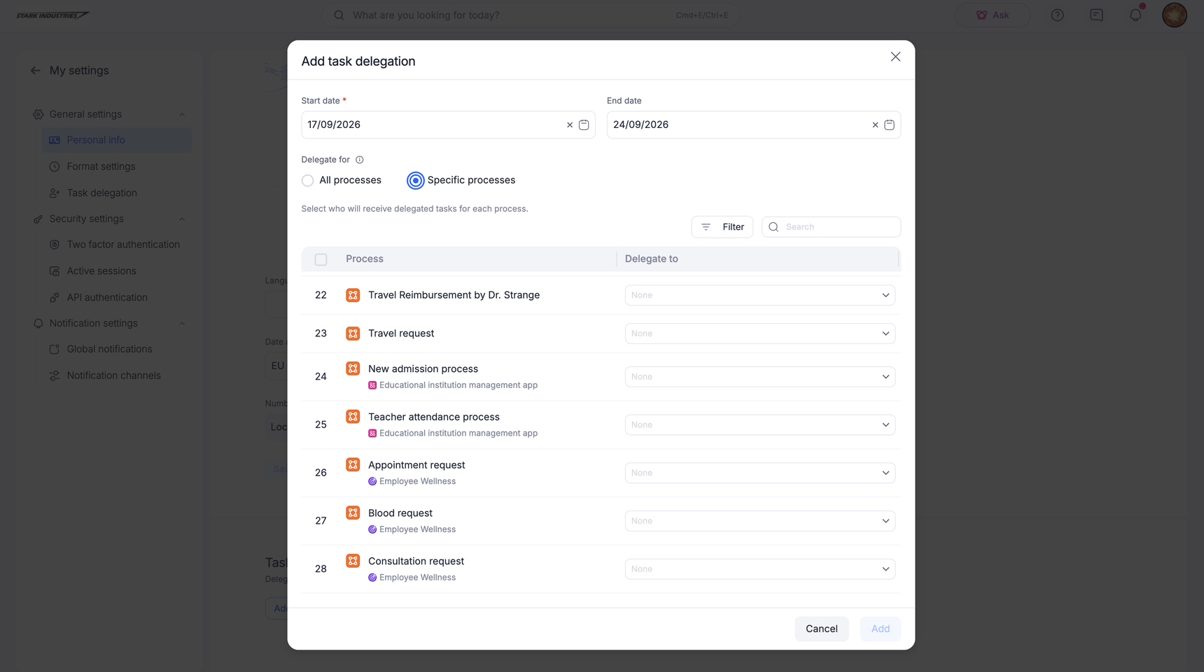 Task delegation with start and end dates and the Delegate for options